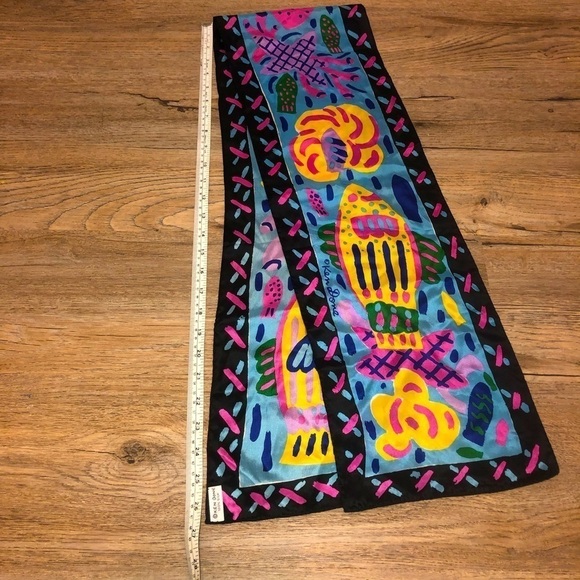 VTG 80s Ken Done Silk Long Tie Scarf Head Wrap Tropical Fish Floral Bright - Picture 6 of 6
